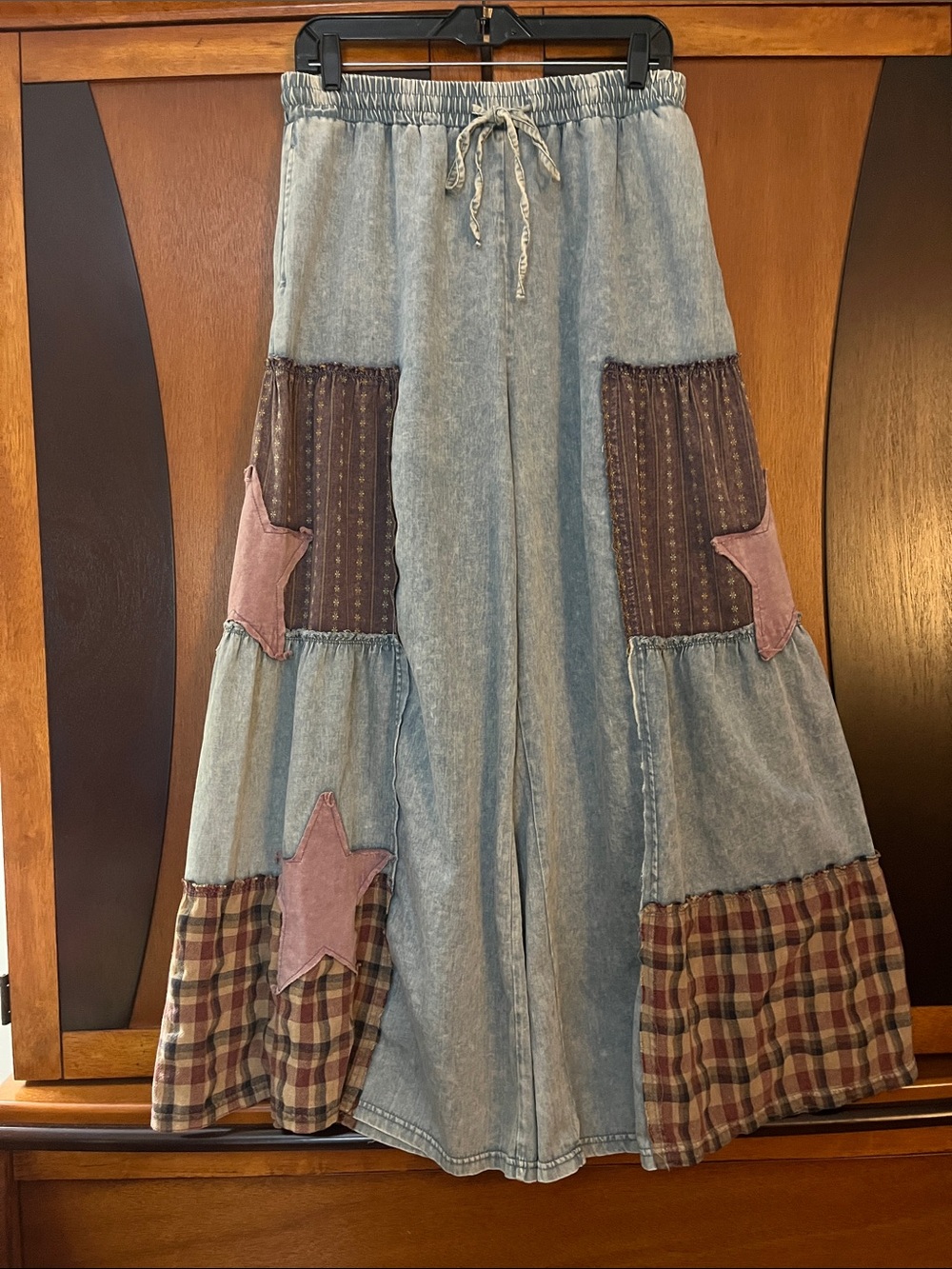 Easel Patchwork Blue  Denim Wide Leg Pants w/Mauve Stars & Brown Fabric Patches